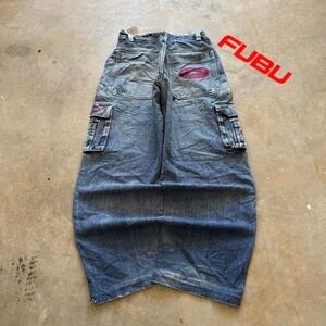 Baggy Fubu Wide Leg Jnco Styl Cargo Denim Y2k Vintage Jeans -38x32